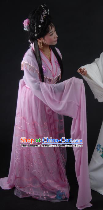 Chinese Shaoxing Opera Young Beauty Pink Costumes and Headpieces Mo Chou Nv Yue Opera Hua Tan Dress Apparels Actress Garment