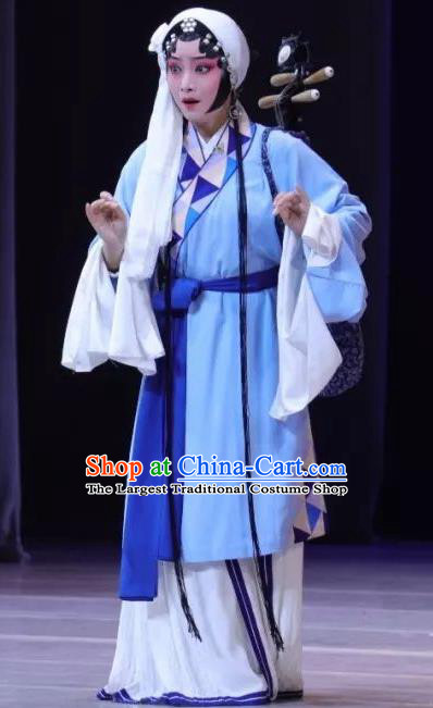 Chinese Kun Opera Civilian Female Blue Dresses Costumes The Story of Pipa Peking Opera Apparels Tsing Yi Garment and Headwear