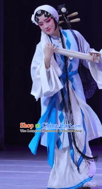 Chinese Kun Opera Civilian Female Blue Dresses Costumes The Story of Pipa Peking Opera Apparels Tsing Yi Garment and Headwear