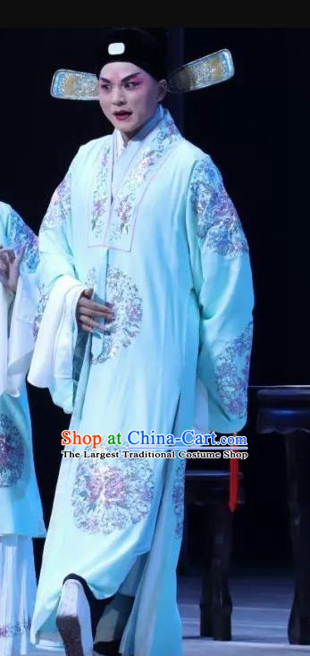 Chinese Classical Kun Opera Niche Scholar Apparels The Story of Pipa Peking Opera Garment Young Male Blue Robe Costumes and Hat