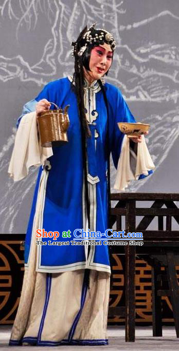 Chinese Kun Opera Tsing Yi Blue Dresses Costumes The Story of Pipa Peking Opera Garment Distress Maiden Apparels and Headwear