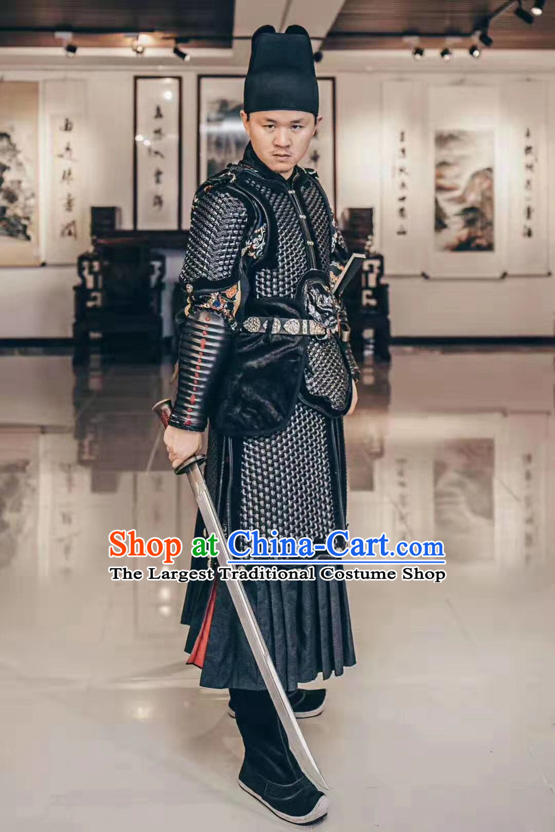 Custom Chinese Ming Dynasty Soldier Black Armor Suits Cosplay Drama Costumes Ancient Blades Apparels and Headwear Complete Set