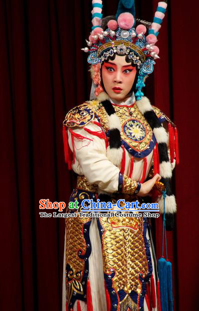 Chinese Kun Opera Martial Wu Dan Armor Suits Princess Baihua Peking Opera Blues Garment Apparels Costumes and Headdress