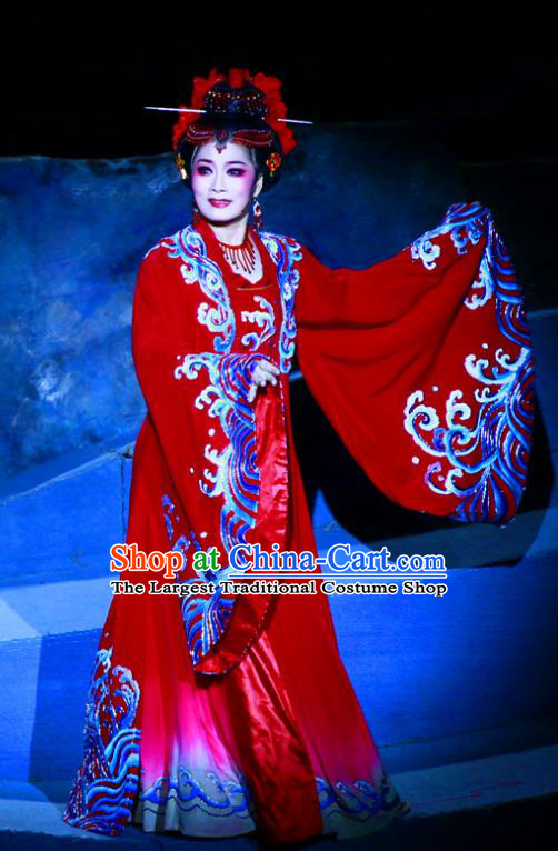 Ma Zu Chinese Shaoxing Opera Goddess Apparels and Headdress Yue Opera Actress Garment Hua Tan Lin Moniang Red Dress Costumes