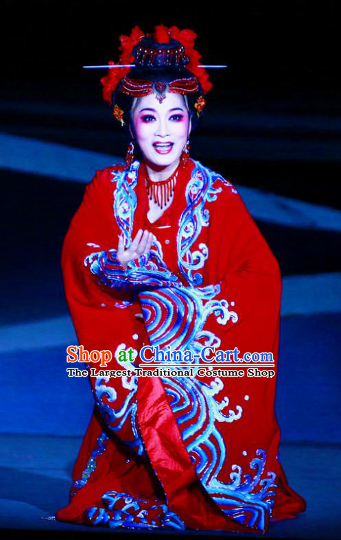 Ma Zu Chinese Shaoxing Opera Goddess Apparels and Headdress Yue Opera Actress Garment Hua Tan Lin Moniang Red Dress Costumes