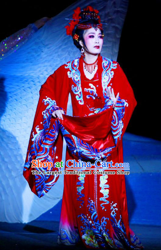Ma Zu Chinese Shaoxing Opera Goddess Apparels and Headdress Yue Opera Actress Garment Hua Tan Lin Moniang Red Dress Costumes