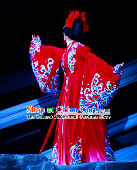 Ma Zu Chinese Shaoxing Opera Goddess Apparels and Headdress Yue Opera Actress Garment Hua Tan Lin Moniang Red Dress Costumes