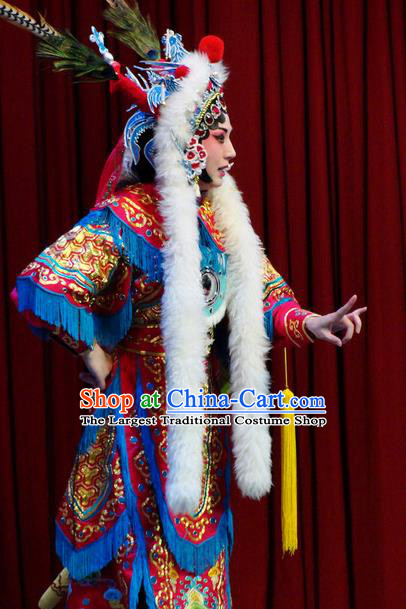 Chinese Kun Opera Female General Red Armor Costumes Princess Baihua Peking Opera Blues Garment Apparels and Headdress Complete Set