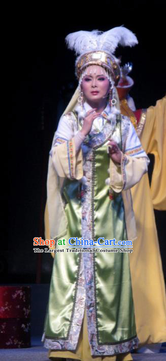 Chinese Shaoxing Opera Young Female Dress Garment Costumes and Headdress Xi Ma Qiao Yue Opera Ethnic Princess A Jiao Apparels