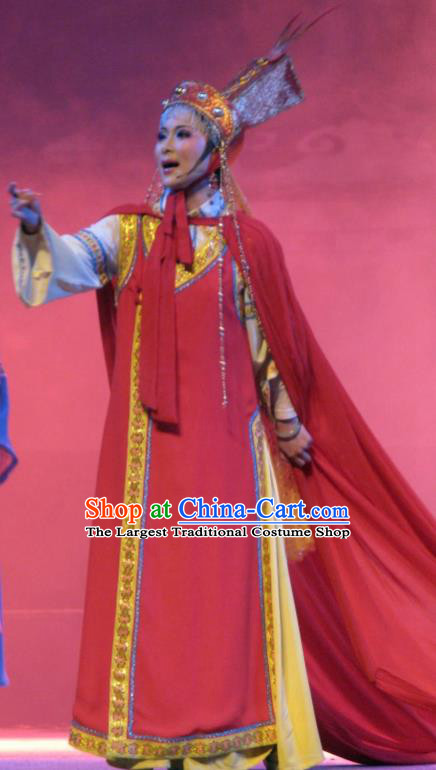 Chinese Shaoxing Opera Ethnic Princess A Jiao Young Female Dress Costumes and Headdress Xi Ma Qiao Yue Opera Garment Apparels