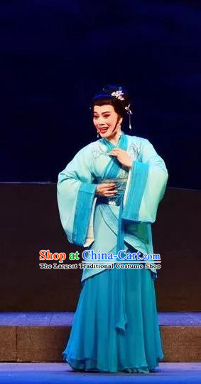 Chinese Shaoxing Opera Civilian Female Garment Costumes and Headpieces Xi Ma Qiao Yue Opera Actress Xiao Yueying Blue Dress Apparels