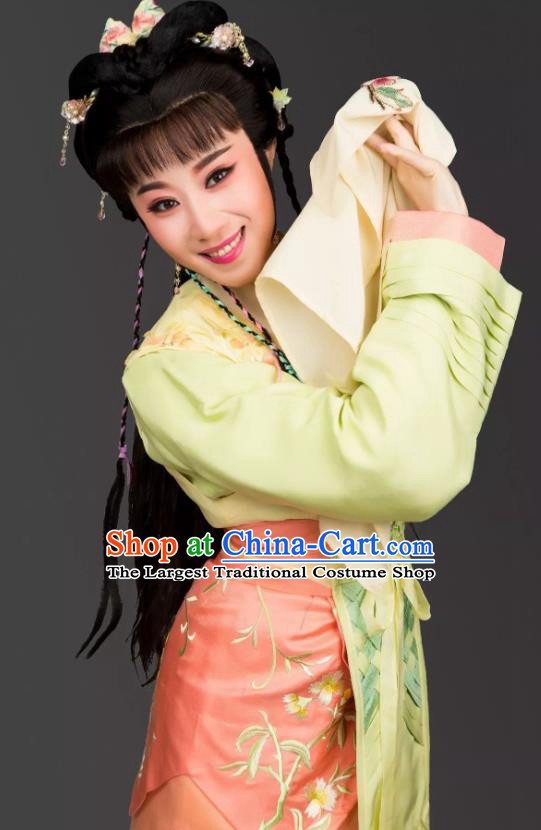 Chinese Shaoxing Opera Young Lady Garment and Headpieces Dong Jun Qu Qi Yue Opera Country Girl Zhi Lan Dress Apparels Costumes