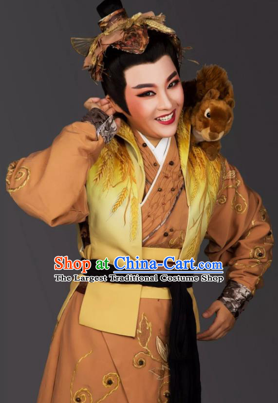 Dong Jun Qu Qi Chinese Yue Opera Young Male Ku Liang Costumes and Headwear Shaoxing Opera Farmer Garment Apparels