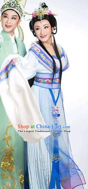 Chinese Shaoxing Opera Hua Tan Blue Dress Shuang Fei Yi Apparels Yue Opera Wang Yanmei Garment Young Female Costumes and Headdress