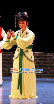 Chinese Shaoxing Opera Hua Tan Yellow Dress Apparels Yue Opera The Peacocks Fly To The Southeast Costumes Liu Lanzhi Garment and Headpieces