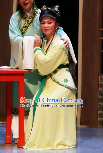 Chinese Shaoxing Opera Hua Tan Yellow Dress Apparels Yue Opera The Peacocks Fly To The Southeast Costumes Liu Lanzhi Garment and Headpieces