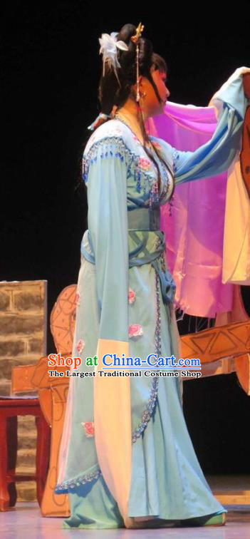 Chinese Shaoxing Opera Young Female Blue Dress Apparels Yue Opera The Peacocks Fly To The Southeast Liu Lanzhi Costumes Garment and Headpieces