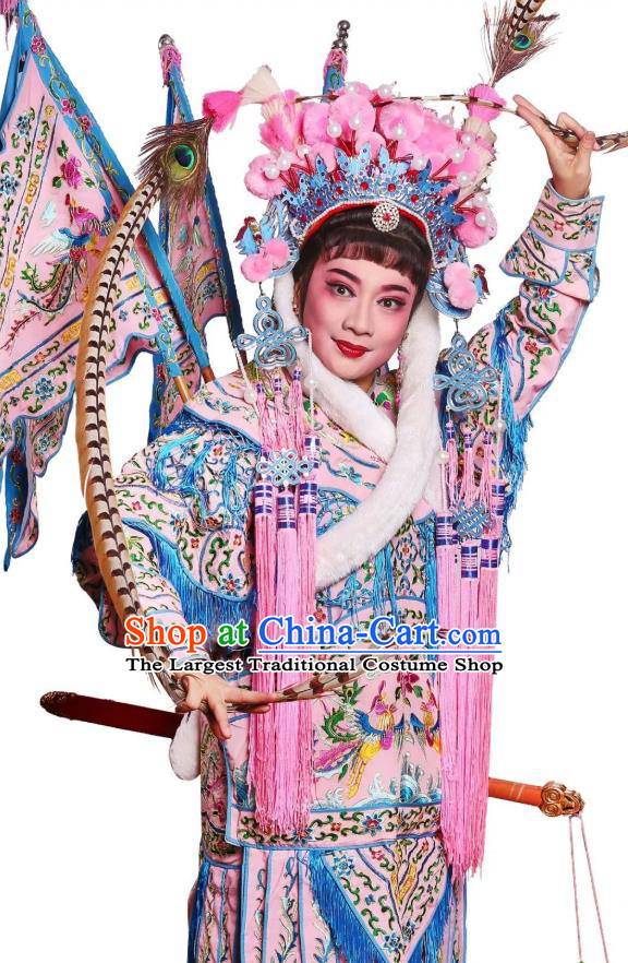 Chinese Kun Opera Martial Female Pink Kao Armor Suit with Flags Princess Baihua Peking Opera Blues Garment Apparels General Costumes and Headdress