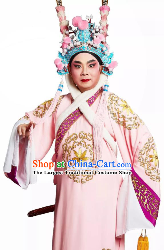 Chinese Classical Kun Opera Young Male Pink Robe Apparels Princess Baihua Peking Opera Xiao Sheng Costumes Garment and Headwear