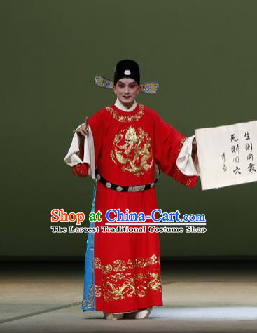 Chinese Classical Kun Opera Scholar Young Male Wedding Garment The Purple Hairpin Peking Opera Bridegroom Red Costumes and Hat