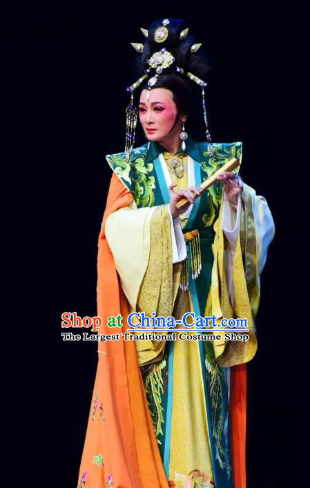 Chinese Shaoxing Opera Actress Queen Garment Costumes and Headdress Wang Yangming Yue Opera Hua Tan Dress Apparels