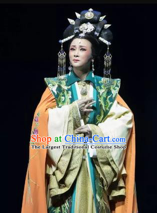 Chinese Shaoxing Opera Actress Queen Garment Costumes and Headdress Wang Yangming Yue Opera Hua Tan Dress Apparels