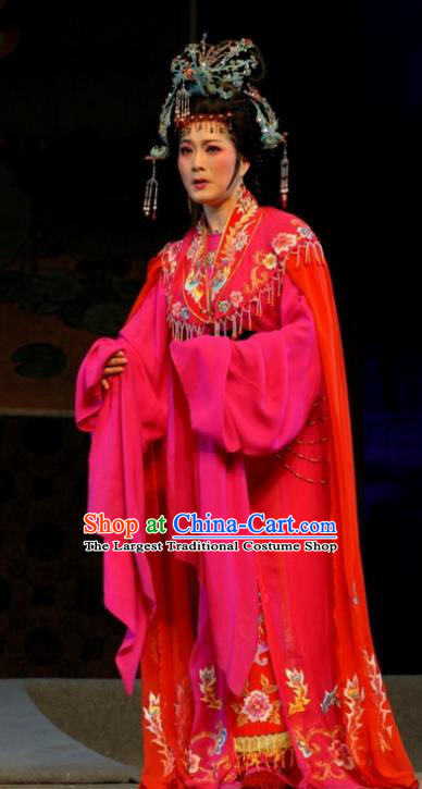 Chinese Shaoxing Opera Queen Rosy Dress Costumes Apparels and Headdress Empress Remarry Yue Opera Hua Tan Chong Xiu Garment