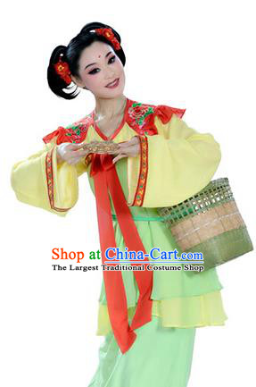 Chinese Shaoxing Opera Servant Girl Apparels Costumes and Headpieces Lu Yu Wen Cha Yue Opera Young Lady Dress Xiaodan Garment