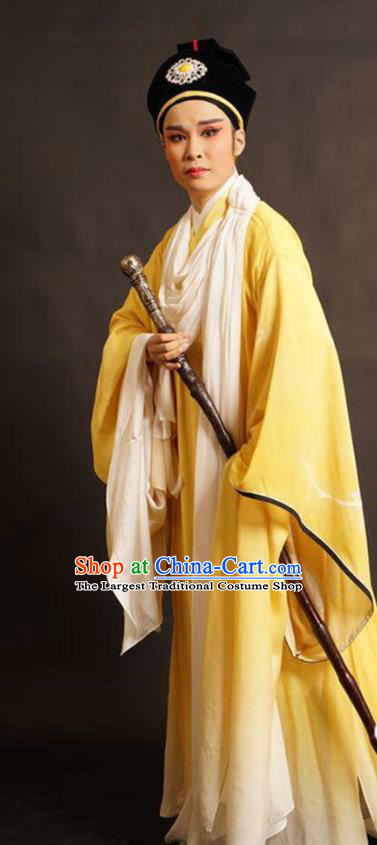 Chinese Yue Opera Young Male Wu Yi Lane Wang Huizhi Yellow Costumes Apparels and Headwear Shaoxing Opera Xiaosheng Scholar Garment
