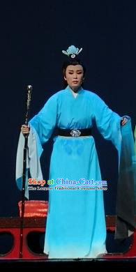 Chinese Yue Opera Scholar Wang Xianzhi Blue Robe Wu Yi Lane Garment and Headwear Shaoxing Opera Xiaosheng Young Male Apparels Costumes