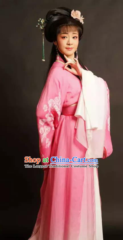 Chinese Shaoxing Opera Noble Lady Xi Daomao Rosy Dress Garment Costumes and Headpieces Wu Yi Lane Yue Opera Hua Tan Apparels