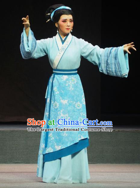 Chinese Shaoxing Opera Country Woman Blue Dress Costumes and Headpieces Su Qin Yue Opera Hua Tan Young Female Garment Apparels