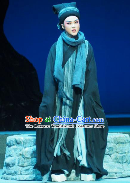 Su Qin Chinese Yue Opera Scholar Black Robe Young Male Garment Costumes and Hat Shaoxing Opera Niche Apparels
