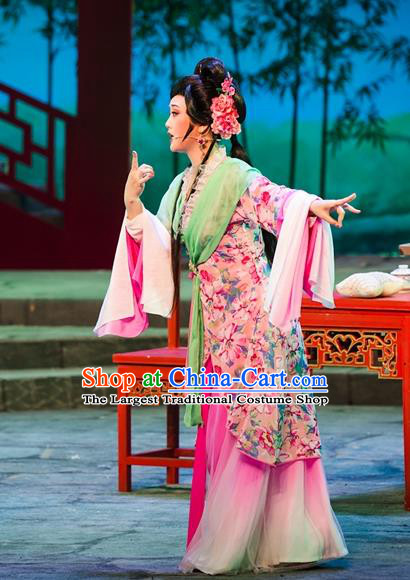 Chinese Shaoxing Opera Hua Tan Actress Rosy Dress Ren Heart Medicine Costumes and Headpieces Yue Opera Apparels Young Female Garment