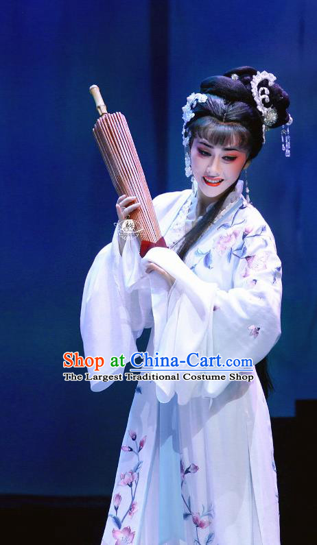 Chinese Shaoxing Opera Actress Bai Suzhen Garment Costumes Apparels and Headdress Legend of White Snake Yue Opera Hua Tan Dress