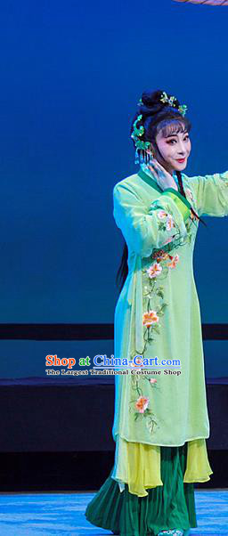Chinese Shaoxing Opera Xiaodan Actress Garment Costumes Apparels and Headdress Legend of White Snake Yue Opera Young Lady Green Dress