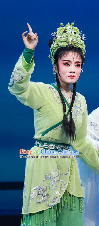 Chinese Shaoxing Opera Xiaodan Green Dress Garment Costumes and Headdress Legend of White Snake Yue Opera Wudan Actress Apparels