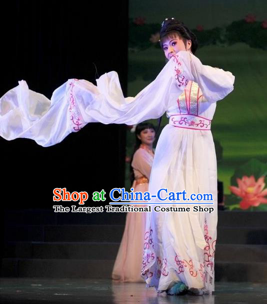 Chinese Shaoxing Opera Water Sleeve Dress Garment Costumes and Headdress Legend of White Snake Yue Opera Actress Bai Suzhen Apparels
