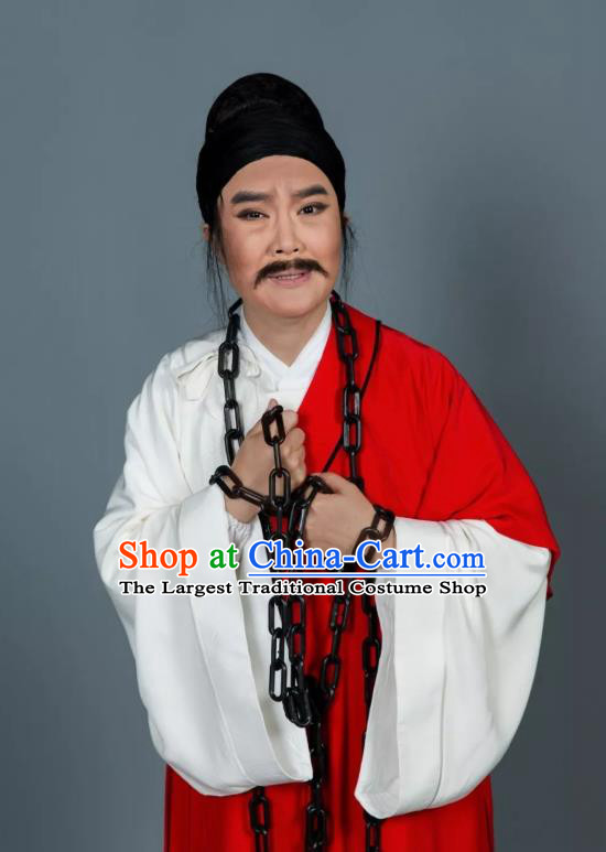 Baozheng Tears Chinese Yue Opera Prisoner Apparels and Headwear Shaoxing Opera Middle Age Male Garment Costumes
