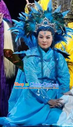 The Story of Goddess Chinese Yue Opera Young Male Blue Apparels Costumes and Headwear Shaoxing Opera Xiaosheng Da Hong Garment