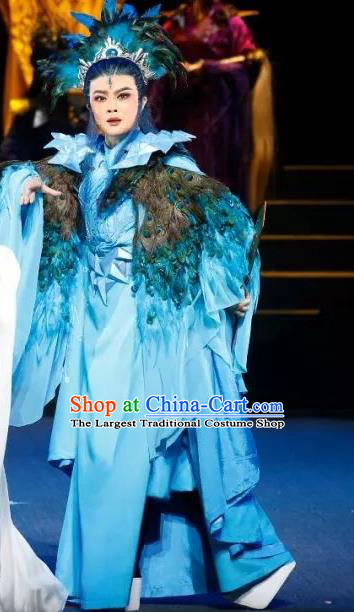 The Story of Goddess Chinese Yue Opera Young Male Blue Apparels Costumes and Headwear Shaoxing Opera Xiaosheng Da Hong Garment
