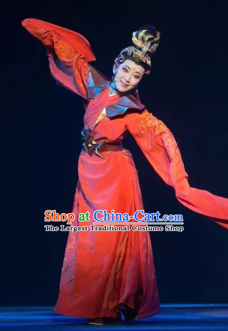Chinese Shaoxing Opera Martial Female Red Apparels Costumes and Headdress The Story of Goddess Yue Opera Actress Han Ba Garment