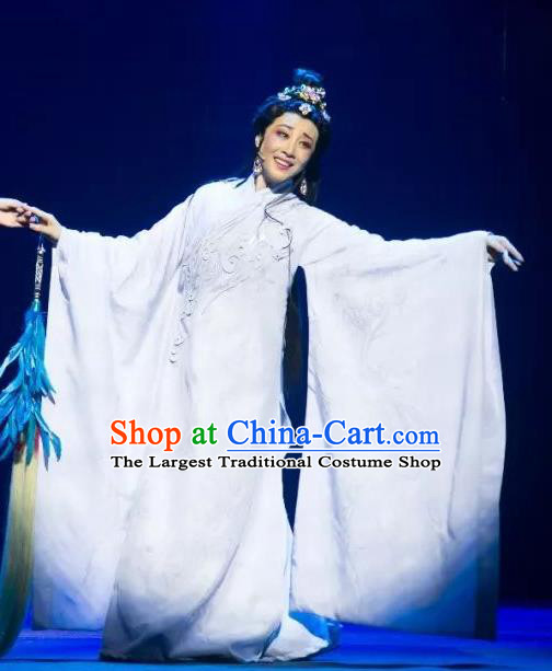 Chinese Shaoxing Opera Actress White Dress Costumes and Headpieces The Story of Goddess Yue Opera Hua Tan Su Nv Garment Apparels