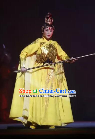 Chinese Shaoxing Opera Swordswoman Yellow Dress Apparels Costumes and Headdress The Story of Goddess Yue Opera Martial Female Su Nv Garment