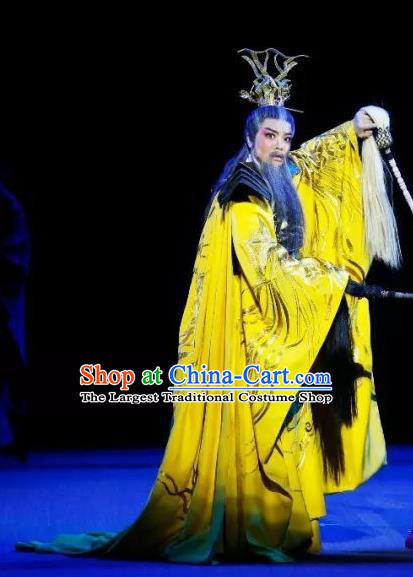 The Story of Goddess Chinese Yue Opera Laosheng Huang Di Apparels and Headwear Shaoxing Opera Elderly Male Emperor Garment Costumes