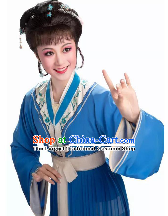 Chinese Shaoxing Opera Xiao Dan Apparels Hua Zhong Jun Zi Costumes and Headpieces Yue Opera Young Lady Blue Dress Garment