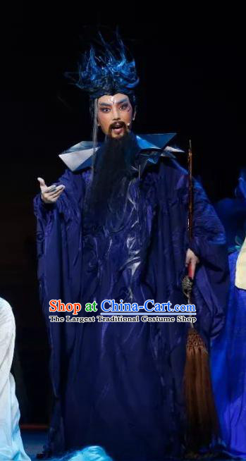 The Story of Goddess Chinese Yue Opera Elderly Male Purple Apparels Costumes and Headwear Shaoxing Opera Laosheng Garment