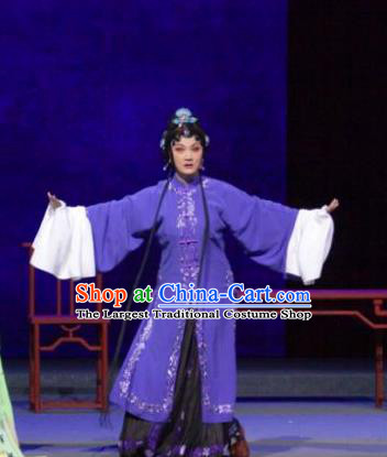 Chinese Shaoxing Opera Hua Tan Purple Dress Costumes and Headpieces Tuan Yuan Zhi Hou Yue Opera Distress Maiden Garment Apparels