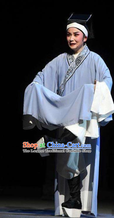 Chinese Yue Opera Tuan Yuan Zhi Hou Xiaosheng Shi Qiaosheng Costumes and Hat Shaoxing Opera Young Male Scholar Blue Robe Garment Apparels