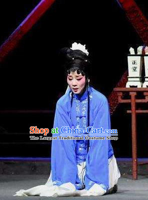 Chinese Shaoxing Opera Tsing Yi Blue Dress Costumes and Headdress Tuan Yuan Zhi Yue Opera Actress Distress Maiden Garment Apparels